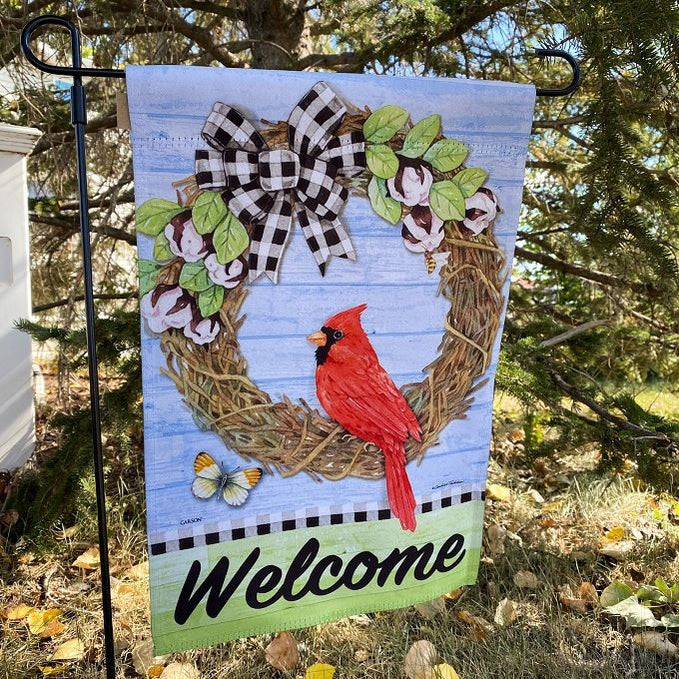 Cardinal & Vine Wreath Garden Flag available at Rustic Ranch Furniture in Airdrie, Alberta