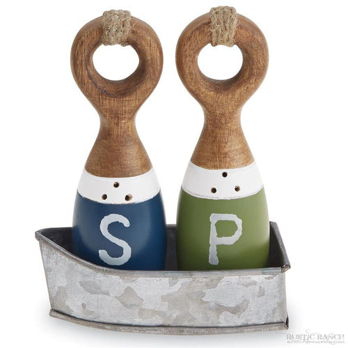 LAKE STYLE WOODEN SALT AND PEPPER SHAKERS IN BOAT BY MUD PIE-Rustic Ranch