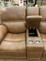 FENWICK POWER RECLINING LOVESEAT WITH CONSOLE - LIGHT BROWN-Rustic Ranch