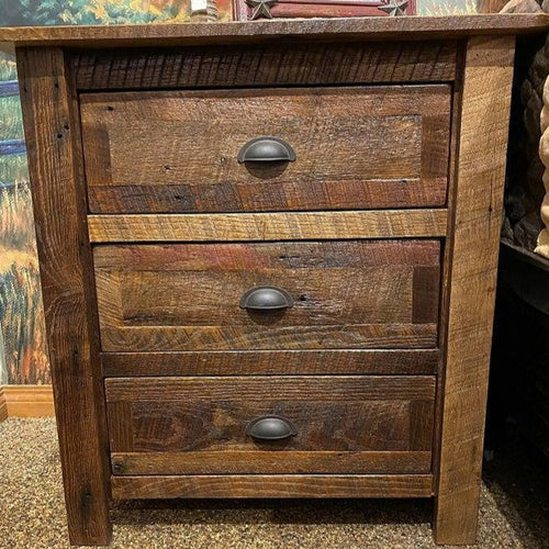 Barnwood Barndoor Three Drawer Nightstand available at Rustic Ranch Furniture and Decor.