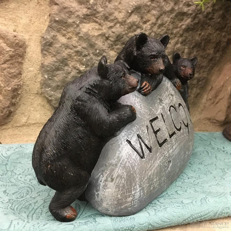 3 BLACK BEARS ON WELCOME ROCK – Rustic Ranch Furniture and Decor
