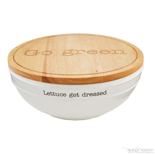 LETTUCE GET DRESSED SALAD BOWL WITH LID SET BY MUD PIE-Rustic Ranch