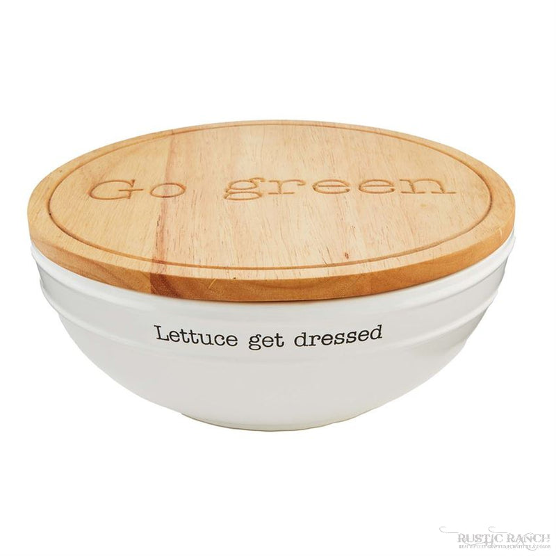 LETTUCE GET DRESSED SALAD BOWL WITH LID SET BY MUD PIE-Rustic Ranch