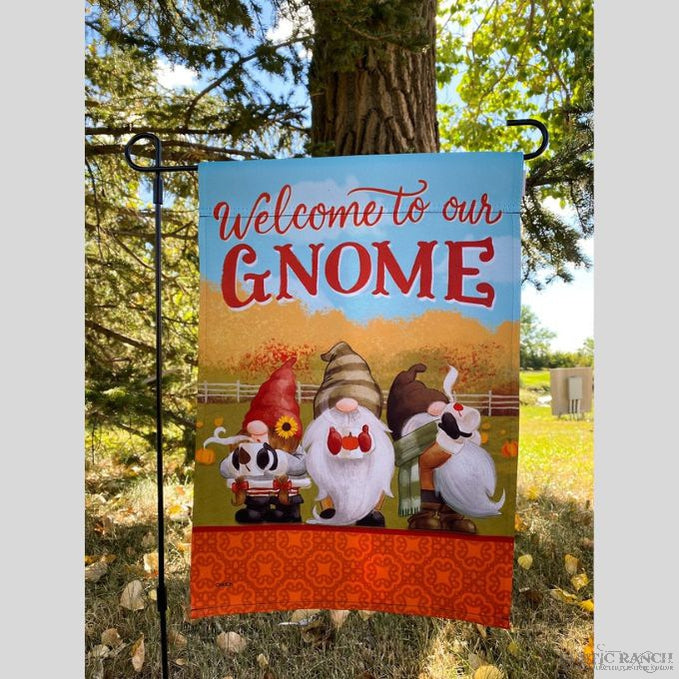 Our Gnome Garden Flag available at Rustic Ranch Furniture in Airdrie, Alberta