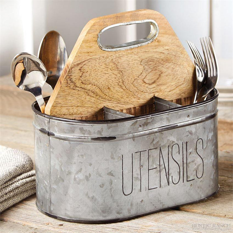GALVANIZED AND WOOD UTENSIL CADDY BY MUD PIE-Rustic Ranch