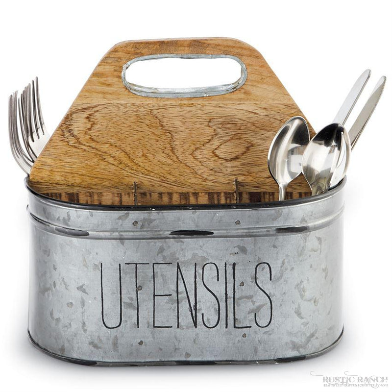 GALVANIZED AND WOOD UTENSIL CADDY BY MUD PIE-Rustic Ranch