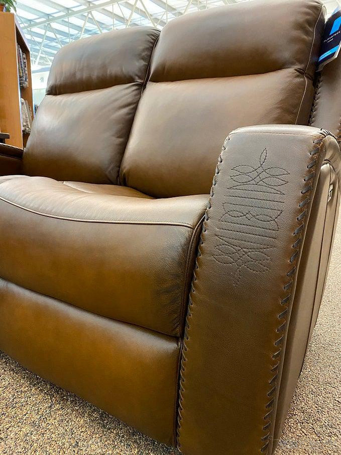 Mustang Power Reclining Love Seat with Head Rest available at Rustic Ranch Furniture and Decor.