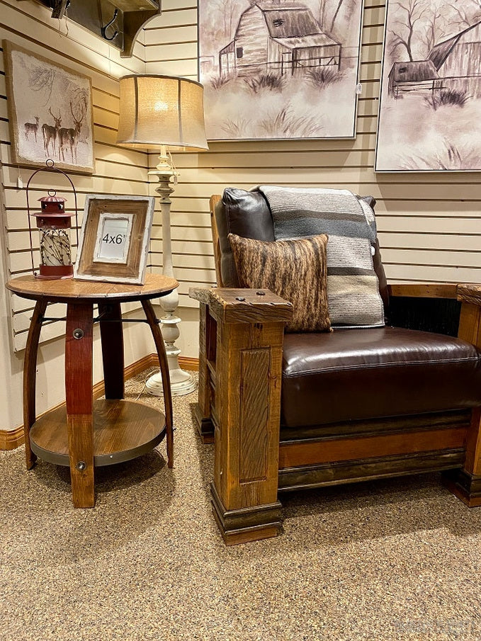 BARREL SIDE TABLE WITH SHELF available at Rustic Ranch Furniture in Airdrie, Alberta