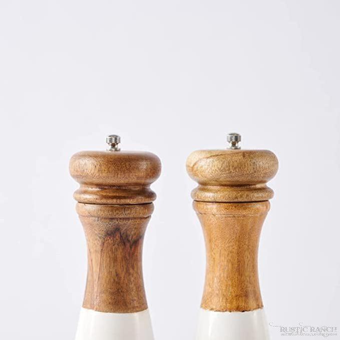 Wood and Enamel Salt and Pepper Mills by Mud Pie available at Rustic Ranch Furniture in Airdrie, Alberta