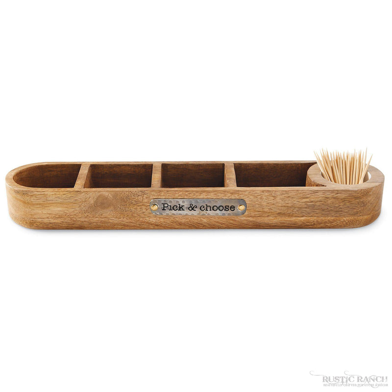 PICK AND CHOOSE WOOD DIVIDED DISH WITH TOOTHPICKS BY MUDPIE-Rustic Ranch